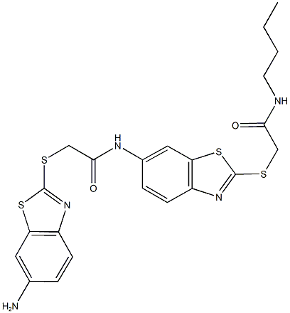 2-[(6-amino-1,3-benzothiazol-2-yl)sulfanyl]-N-(2-{[2-(butylamino)-2-oxoethyl]sulfanyl}-1,3-benzothiazol-6-yl)acetamide 结构式