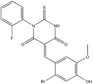 5-(2-bromo-4-hydroxy-5-methoxybenzylidene)-1-(2-fluorophenyl)-2-thioxodihydro-4,6(1H,5H)-pyrimidinedione 结构式