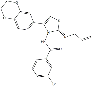 N-(2-(allylimino)-4-(2,3-dihydro-1,4-benzodioxin-6-yl)-1,3-thiazol-3(2H)-yl)-3-bromobenzamide 结构式