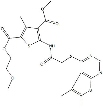 2-(2-methoxyethyl) 4-methyl 5-({[(5,6-dimethylthieno[2,3-d]pyrimidin-4-yl)sulfanyl]acetyl}amino)-3-methyl-2,4-thiophenedicarboxylate 结构式