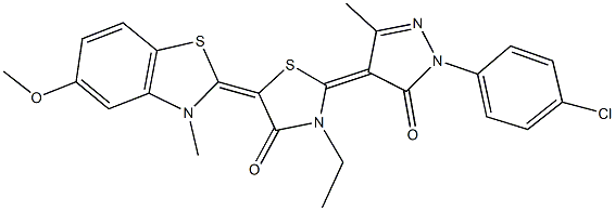 2-[1-(4-chlorophenyl)-3-methyl-5-oxo-1,5-dihydro-4H-pyrazol-4-ylidene]-3-ethyl-5-(5-methoxy-3-methyl-1,3-benzothiazol-2(3H)-ylidene)-1,3-thiazolidin-4-one 结构式
