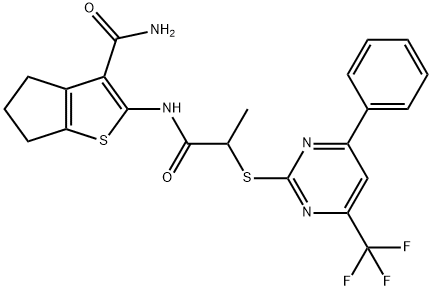 2-[(2-{[4-phenyl-6-(trifluoromethyl)-2-pyrimidinyl]sulfanyl}propanoyl)amino]-5,6-dihydro-4H-cyclopenta[b]thiophene-3-carboxamide 结构式