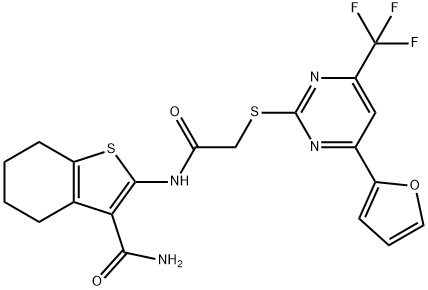 2-[({[4-(2-furyl)-6-(trifluoromethyl)-2-pyrimidinyl]sulfanyl}acetyl)amino]-4,5,6,7-tetrahydro-1-benzothiophene-3-carboxamide 结构式