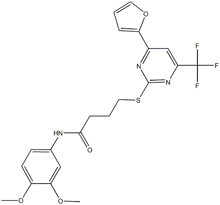 N-(3,4-dimethoxyphenyl)-4-{[4-(2-furyl)-6-(trifluoromethyl)-2-pyrimidinyl]sulfanyl}butanamide 结构式