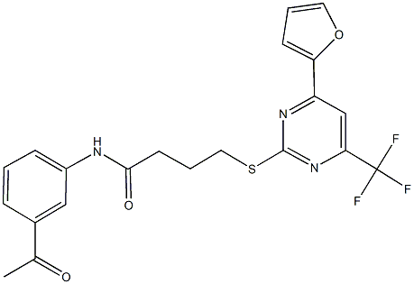 N-(3-acetylphenyl)-4-{[4-(2-furyl)-6-(trifluoromethyl)-2-pyrimidinyl]sulfanyl}butanamide 结构式
