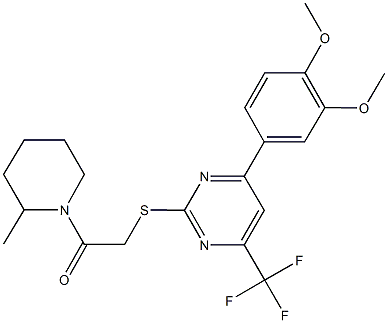 4-(3,4-dimethoxyphenyl)-2-{[2-(2-methyl-1-piperidinyl)-2-oxoethyl]sulfanyl}-6-(trifluoromethyl)pyrimidine 结构式