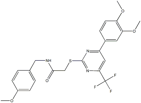 2-{[4-(3,4-dimethoxyphenyl)-6-(trifluoromethyl)-2-pyrimidinyl]sulfanyl}-N-(4-methoxybenzyl)acetamide 结构式
