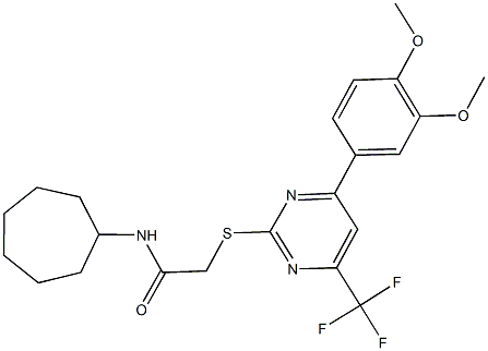 N-cycloheptyl-2-{[4-(3,4-dimethoxyphenyl)-6-(trifluoromethyl)-2-pyrimidinyl]sulfanyl}acetamide 结构式