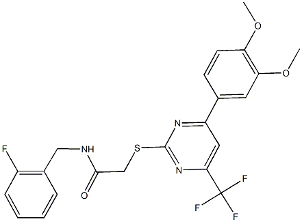 2-{[4-(3,4-dimethoxyphenyl)-6-(trifluoromethyl)-2-pyrimidinyl]sulfanyl}-N-(2-fluorobenzyl)acetamide 结构式