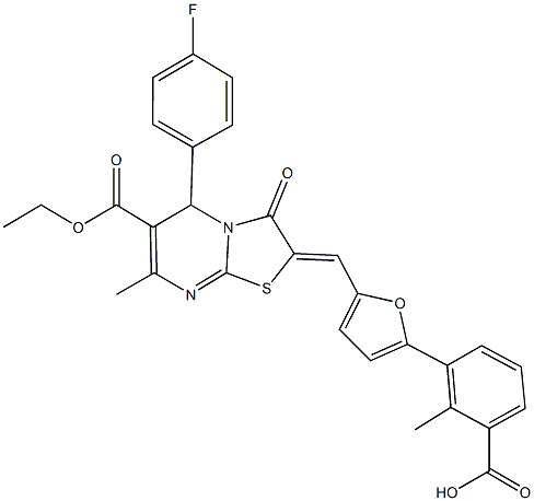 3-{5-[(6-(ethoxycarbonyl)-5-(4-fluorophenyl)-7-methyl-3-oxo-5H-[1,3]thiazolo[3,2-a]pyrimidin-2(3H)-ylidene)methyl]-2-furyl}-2-methylbenzoic acid 结构式