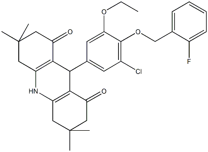 9-{3-chloro-5-ethoxy-4-[(2-fluorobenzyl)oxy]phenyl}-3,3,6,6-tetramethyl-3,4,6,7,9,10-hexahydro-1,8(2H,5H)-acridinedione 结构式