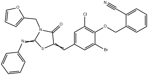 2-[(2-bromo-6-chloro-4-{[3-(2-furylmethyl)-4-oxo-2-(phenylimino)-1,3-thiazolidin-5-ylidene]methyl}phenoxy)methyl]benzonitrile 结构式