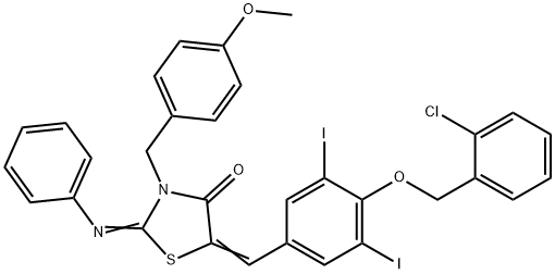 5-{4-[(2-chlorobenzyl)oxy]-3,5-diiodobenzylidene}-3-(4-methoxybenzyl)-2-(phenylimino)-1,3-thiazolidin-4-one 结构式