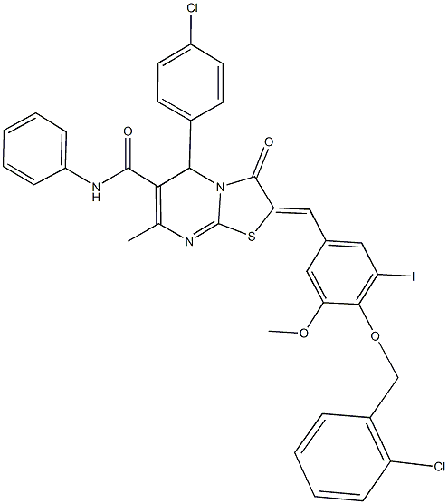 2-{4-[(2-chlorobenzyl)oxy]-3-iodo-5-methoxybenzylidene}-5-(4-chlorophenyl)-7-methyl-3-oxo-N-phenyl-2,3-dihydro-5H-[1,3]thiazolo[3,2-a]pyrimidine-6-carboxamide 结构式
