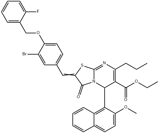 ethyl 2-{3-bromo-4-[(2-fluorobenzyl)oxy]benzylidene}-5-(2-methoxy-1-naphthyl)-3-oxo-7-propyl-2,3-dihydro-5H-[1,3]thiazolo[3,2-a]pyrimidine-6-carboxylate 结构式