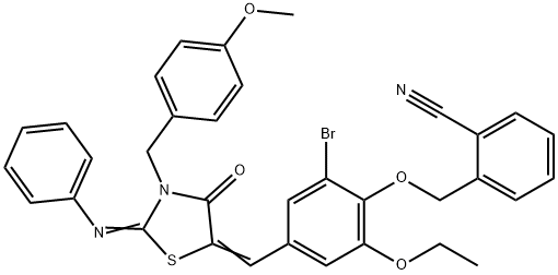 2-[(2-bromo-6-ethoxy-4-{[3-(4-methoxybenzyl)-4-oxo-2-(phenylimino)-1,3-thiazolidin-5-ylidene]methyl}phenoxy)methyl]benzonitrile 结构式