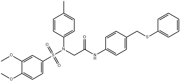 2-{[(3,4-dimethoxyphenyl)sulfonyl]-4-methylanilino}-N-{4-[(phenylsulfanyl)methyl]phenyl}acetamide 结构式