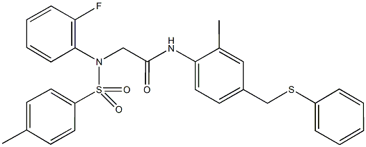 2-{2-fluoro[(4-methylphenyl)sulfonyl]anilino}-N-{2-methyl-4-[(phenylsulfanyl)methyl]phenyl}acetamide 结构式