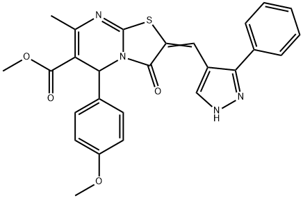 methyl 5-(4-methoxyphenyl)-7-methyl-3-oxo-2-[(3-phenyl-1H-pyrazol-4-yl)methylene]-2,3-dihydro-5H-[1,3]thiazolo[3,2-a]pyrimidine-6-carboxylate 结构式