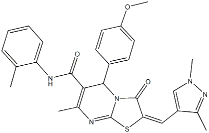 2-[(1,3-dimethyl-1H-pyrazol-4-yl)methylene]-5-(4-methoxyphenyl)-7-methyl-N-(2-methylphenyl)-3-oxo-2,3-dihydro-5H-[1,3]thiazolo[3,2-a]pyrimidine-6-carboxamide 结构式