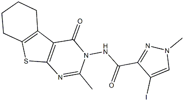 4-iodo-1-methyl-N-(2-methyl-4-oxo-5,6,7,8-tetrahydro[1]benzothieno[2,3-d]pyrimidin-3(4H)-yl)-1H-pyrazole-3-carboxamide 结构式