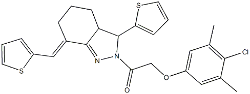4-chloro-3,5-dimethylphenyl 2-oxo-2-[3-(2-thienyl)-7-(2-thienylmethylene)-3,3a,4,5,6,7-hexahydro-2H-indazol-2-yl]ethyl ether 结构式