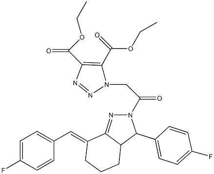 diethyl 1-{2-[7-(4-fluorobenzylidene)-3-(4-fluorophenyl)-3,3a,4,5,6,7-hexahydro-2H-indazol-2-yl]-2-oxoethyl}-1H-1,2,3-triazole-4,5-dicarboxylate 结构式