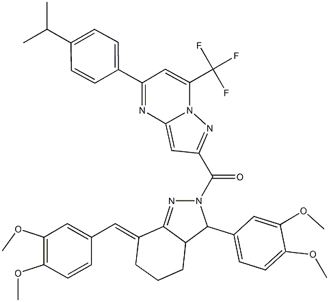2-{[7-(3,4-dimethoxybenzylidene)-3-(3,4-dimethoxyphenyl)-3,3a,4,5,6,7-hexahydro-2H-indazol-2-yl]carbonyl}-5-(4-isopropylphenyl)-7-(trifluoromethyl)pyrazolo[1,5-a]pyrimidine 结构式
