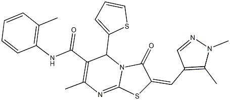 2-[(1,5-dimethyl-1H-pyrazol-4-yl)methylene]-7-methyl-N-(2-methylphenyl)-3-oxo-5-(2-thienyl)-2,3-dihydro-5H-[1,3]thiazolo[3,2-a]pyrimidine-6-carboxamide 结构式