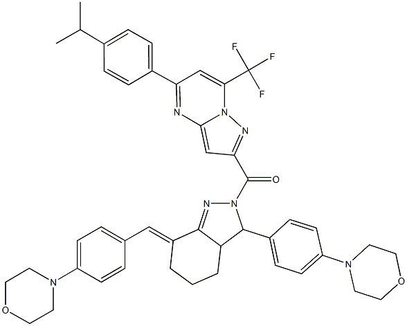 5-(4-isopropylphenyl)-2-({7-[4-(4-morpholinyl)benzylidene]-3-[4-(4-morpholinyl)phenyl]-3,3a,4,5,6,7-hexahydro-2H-indazol-2-yl}carbonyl)-7-(trifluoromethyl)pyrazolo[1,5-a]pyrimidine 结构式