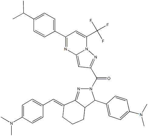 4-(7-[4-(dimethylamino)benzylidene]-2-{[5-(4-isopropylphenyl)-7-(trifluoromethyl)pyrazolo[1,5-a]pyrimidin-2-yl]carbonyl}-3,3a,4,5,6,7-hexahydro-2H-indazol-3-yl)-N,N-dimethylaniline 结构式
