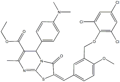 ethyl 5-[4-(dimethylamino)phenyl]-2-{4-methoxy-3-[(2,4,6-trichlorophenoxy)methyl]benzylidene}-7-methyl-3-oxo-2,3-dihydro-5H-[1,3]thiazolo[3,2-a]pyrimidine-6-carboxylate 结构式