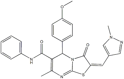 5-(4-methoxyphenyl)-7-methyl-2-[(1-methyl-1H-pyrazol-4-yl)methylene]-3-oxo-N-phenyl-2,3-dihydro-5H-[1,3]thiazolo[3,2-a]pyrimidine-6-carboxamide 结构式