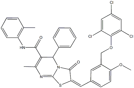 2-{4-methoxy-3-[(2,4,6-trichlorophenoxy)methyl]benzylidene}-7-methyl-N-(2-methylphenyl)-3-oxo-5-phenyl-2,3-dihydro-5H-[1,3]thiazolo[3,2-a]pyrimidine-6-carboxamide 结构式