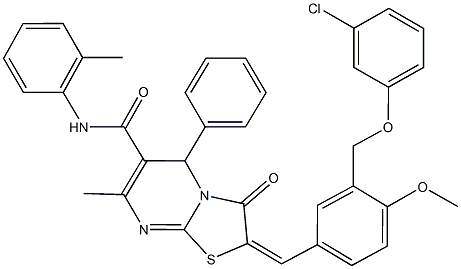 2-{3-[(3-chlorophenoxy)methyl]-4-methoxybenzylidene}-7-methyl-N-(2-methylphenyl)-3-oxo-5-phenyl-2,3-dihydro-5H-[1,3]thiazolo[3,2-a]pyrimidine-6-carboxamide 结构式
