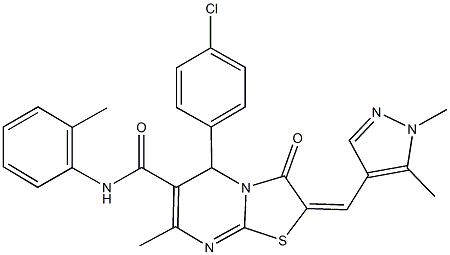 5-(4-chlorophenyl)-2-[(1,5-dimethyl-1H-pyrazol-4-yl)methylene]-7-methyl-N-(2-methylphenyl)-3-oxo-2,3-dihydro-5H-[1,3]thiazolo[3,2-a]pyrimidine-6-carboxamide 结构式