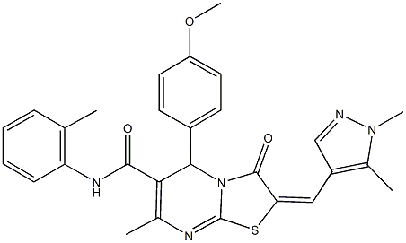 2-[(1,5-dimethyl-1H-pyrazol-4-yl)methylene]-5-(4-methoxyphenyl)-7-methyl-N-(2-methylphenyl)-3-oxo-2,3-dihydro-5H-[1,3]thiazolo[3,2-a]pyrimidine-6-carboxamide 结构式