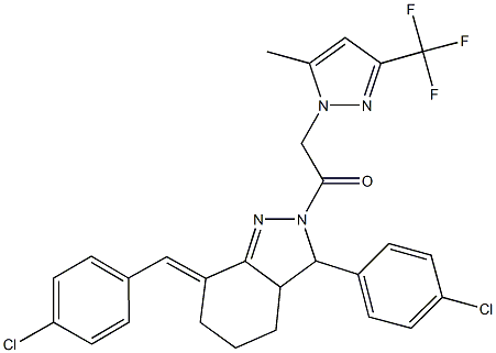 7-(4-chlorobenzylidene)-3-(4-chlorophenyl)-2-{[5-methyl-3-(trifluoromethyl)-1H-pyrazol-1-yl]acetyl}-3,3a,4,5,6,7-hexahydro-2H-indazole 结构式
