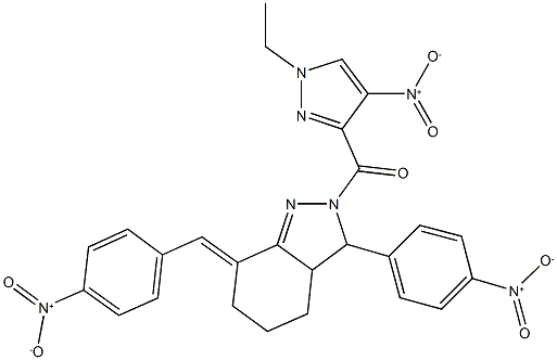 2-({1-ethyl-4-nitro-1H-pyrazol-3-yl}carbonyl)-7-{4-nitrobenzylidene}-3-{4-nitrophenyl}-3,3a,4,5,6,7-hexahydro-2H-indazole 结构式