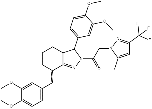 7-(3,4-dimethoxybenzylidene)-3-(3,4-dimethoxyphenyl)-2-{[5-methyl-3-(trifluoromethyl)-1H-pyrazol-1-yl]acetyl}-3,3a,4,5,6,7-hexahydro-2H-indazole 结构式