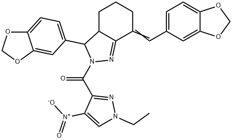 3-(1,3-benzodioxol-5-yl)-7-(1,3-benzodioxol-5-ylmethylene)-2-({1-ethyl-4-nitro-1H-pyrazol-3-yl}carbonyl)-3,3a,4,5,6,7-hexahydro-2H-indazole 结构式