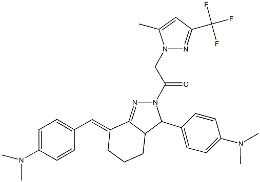 N-[4-(7-[4-(dimethylamino)benzylidene]-2-{[5-methyl-3-(trifluoromethyl)-1H-pyrazol-1-yl]acetyl}-3,3a,4,5,6,7-hexahydro-2H-indazol-3-yl)phenyl]-N,N-dimethylamine 结构式
