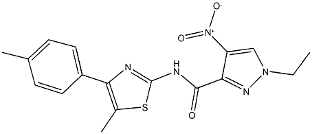 1-ethyl-4-nitro-N-[5-methyl-4-(4-methylphenyl)-1,3-thiazol-2-yl]-1H-pyrazole-3-carboxamide 结构式