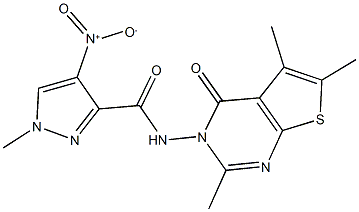 4-nitro-1-methyl-N-(2,5,6-trimethyl-4-oxothieno[2,3-d]pyrimidin-3(4H)-yl)-1H-pyrazole-3-carboxamide 结构式