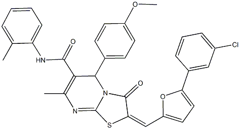 2-{[5-(3-chlorophenyl)-2-furyl]methylene}-5-(4-methoxyphenyl)-7-methyl-N-(2-methylphenyl)-3-oxo-2,3-dihydro-5H-[1,3]thiazolo[3,2-a]pyrimidine-6-carboxamide 结构式