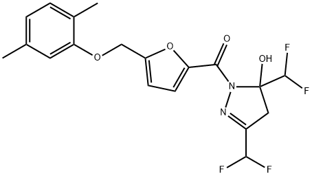 3,5-bis(difluoromethyl)-1-{5-[(2,5-dimethylphenoxy)methyl]-2-furoyl}-4,5-dihydro-1H-pyrazol-5-ol 结构式