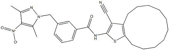 N-(3-cyano-4,5,6,7,8,9,10,11,12,13-decahydrocyclododeca[b]thien-2-yl)-3-({4-nitro-3,5-dimethyl-1H-pyrazol-1-yl}methyl)benzamide 结构式