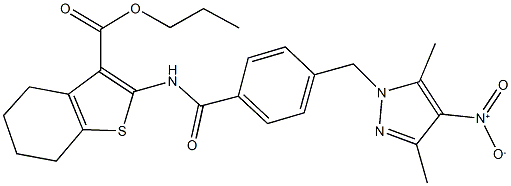 propyl 2-{[4-({4-nitro-3,5-dimethyl-1H-pyrazol-1-yl}methyl)benzoyl]amino}-4,5,6,7-tetrahydro-1-benzothiophene-3-carboxylate 结构式