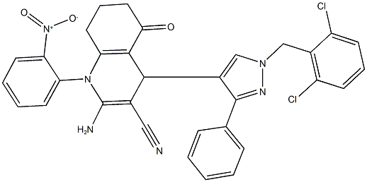 2-amino-4-[1-(2,6-dichlorobenzyl)-3-phenyl-1H-pyrazol-4-yl]-1-{2-nitrophenyl}-5-oxo-1,4,5,6,7,8-hexahydro-3-quinolinecarbonitrile 结构式