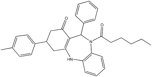 10-hexanoyl-3-(4-methylphenyl)-11-phenyl-2,3,4,5,10,11-hexahydro-1H-dibenzo[b,e][1,4]diazepin-1-one 结构式